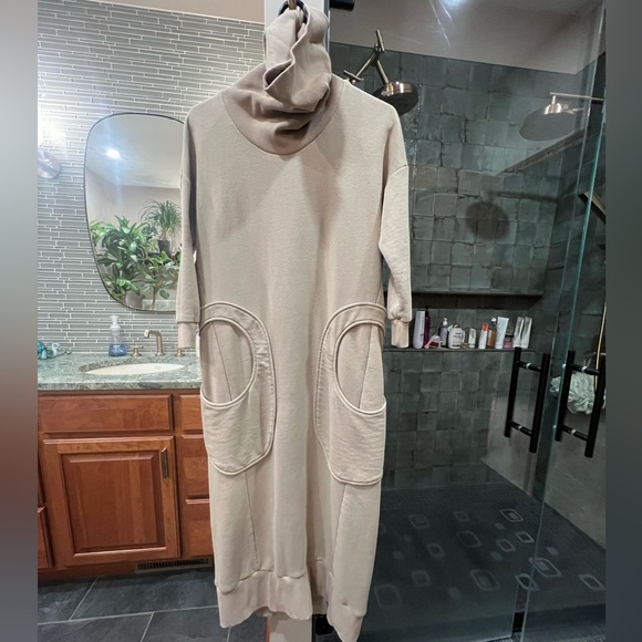 Quiet Luxury Custom Turtleneck Maxi Sweatshirt Dress with Pockets in BEIGE - Picture 8 of 8